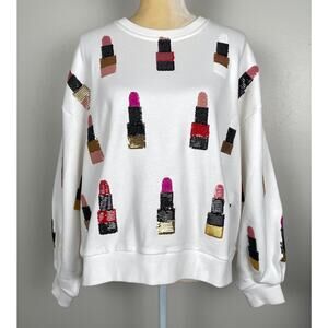 Queen of Sparkles Sequin Lipsticks White Sweatshirt Small Long Sleeve Maximalist